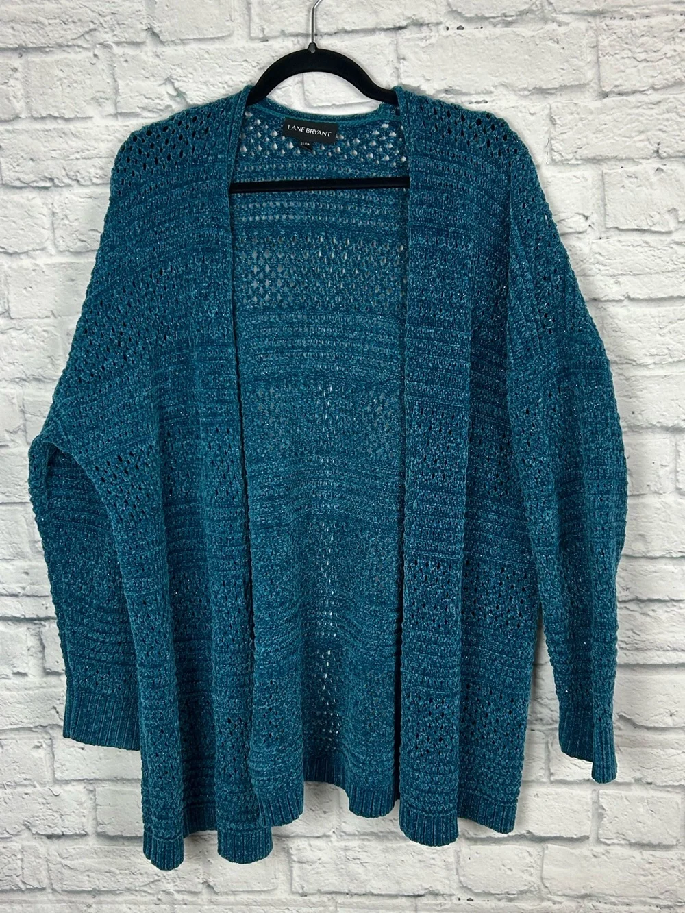 Lane Bryant Open Knit Chenille Cardigan Teal Blue Sparkle 22/24 Plus Size